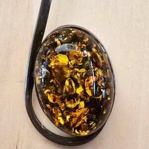 Vintage 90's Minimalist Large 925 Sterling Silver & Orange Baltic Amber Pendant